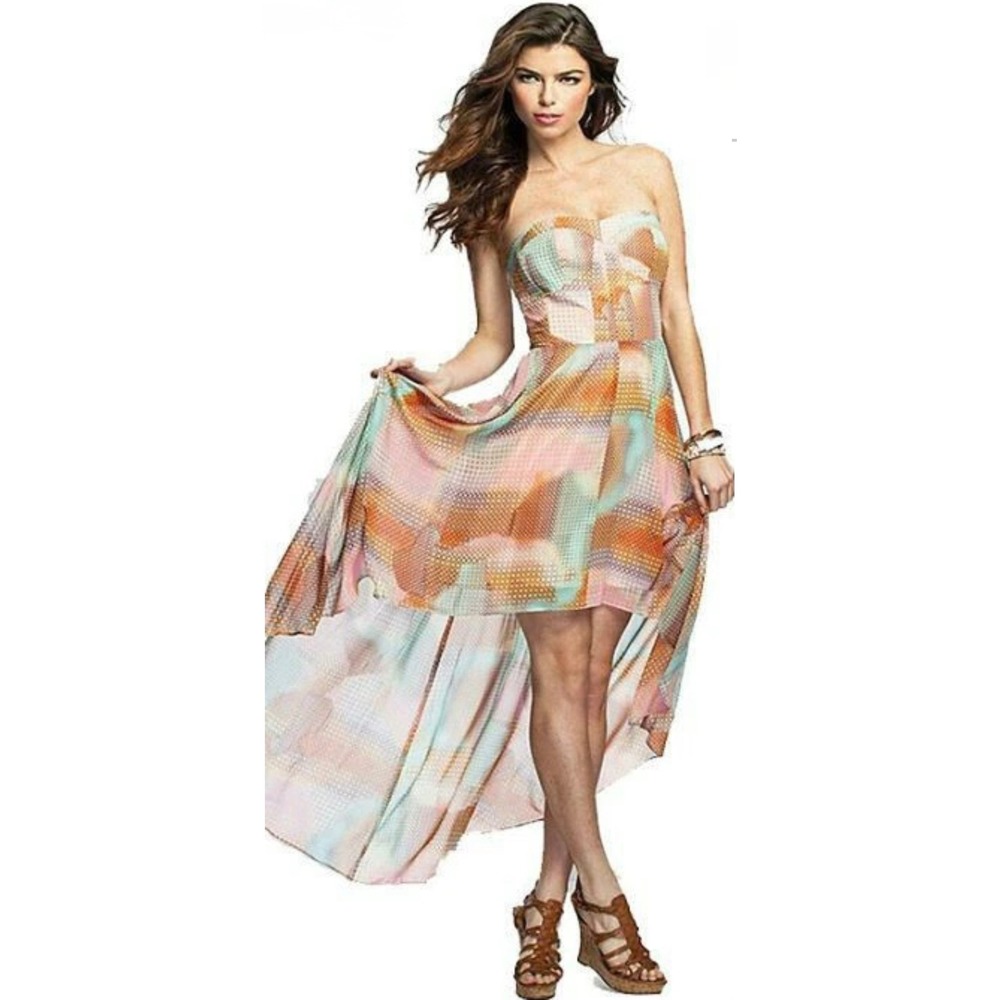 GUESS Julia Pastel Multi Color Chiffon Sweetheart High-Low Maxi Dress Size 8